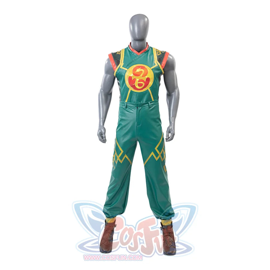 This picture displays the front view of a mannequin in a Sword Master Iron Fist cosplay costume without accessories, featuring a green jumpsuit with yellow patterns.