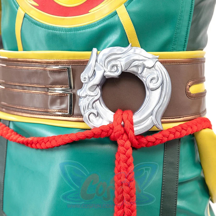 Displays the detail of the belt buckle with a silver, ornate design and red rope from the Sword Master Iron Fist cosplay costume.