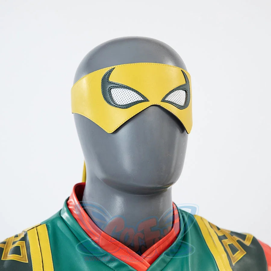 Features the detail of the yellow mask with long straps from the Sword Master Iron Fist cosplay costume.