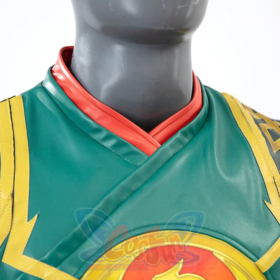 Shows the detail of the green vest’s neckline with red trim from the Sword Master Iron Fist cosplay costume.