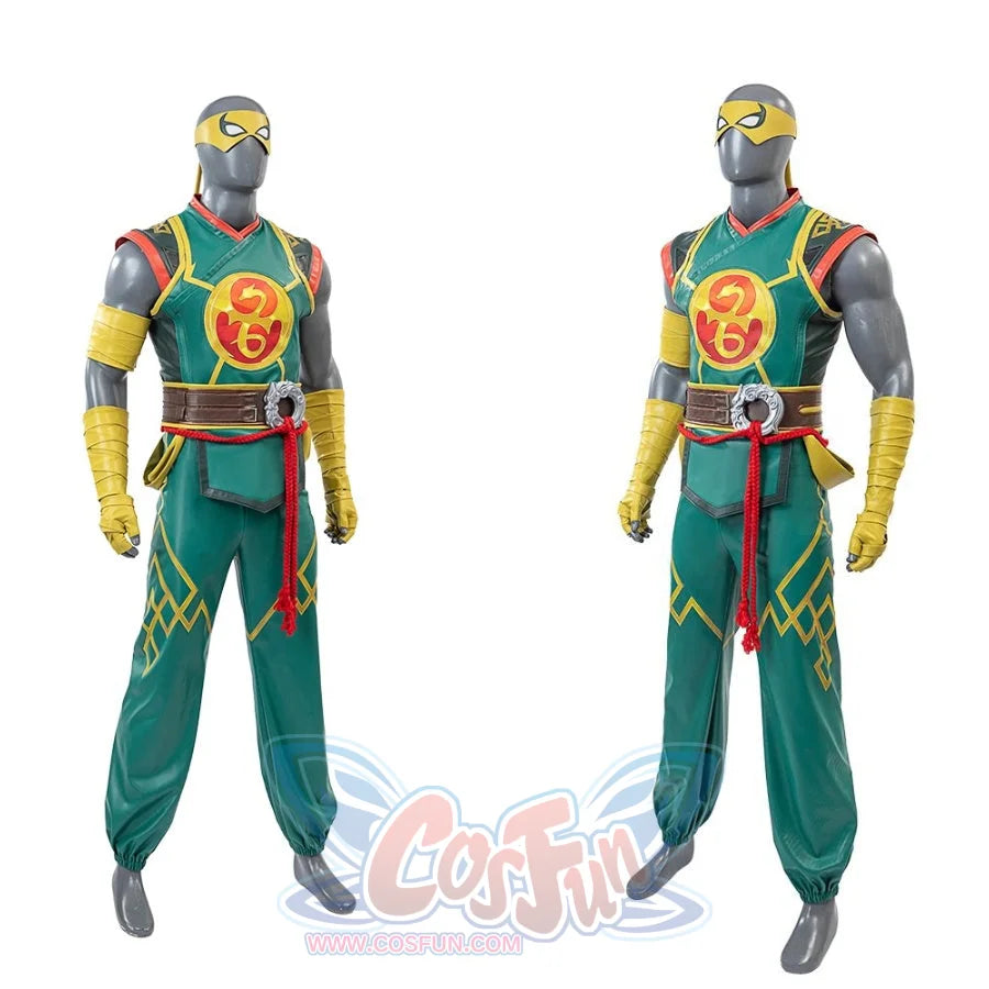 This picture presents a slightly angled front view of a mannequin in a Sword Master Iron Fist cosplay costume, highlighting the green jumpsuit with yellow patterns and the yellow headband.