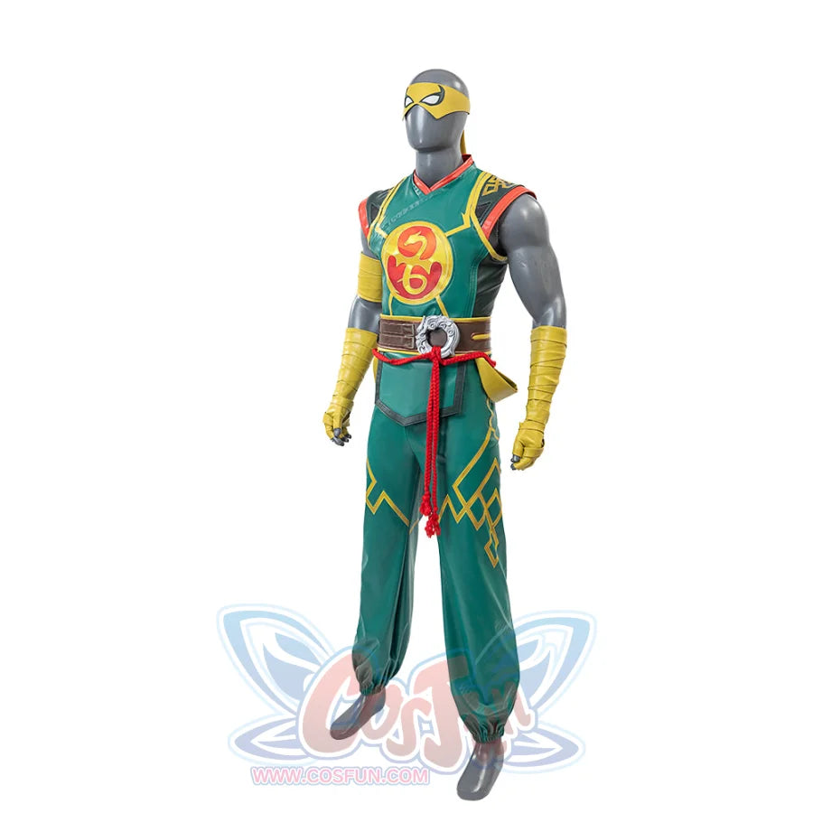 This picture presents a slightly angled front view of a mannequin in a Sword Master Iron Fist cosplay costume, highlighting the green jumpsuit with yellow patterns and the yellow headband.
