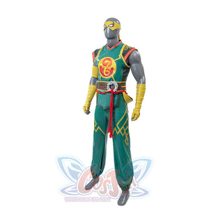 This picture presents a slightly angled front view of a mannequin in a Sword Master Iron Fist cosplay costume, highlighting the green jumpsuit with yellow patterns and the yellow headband.