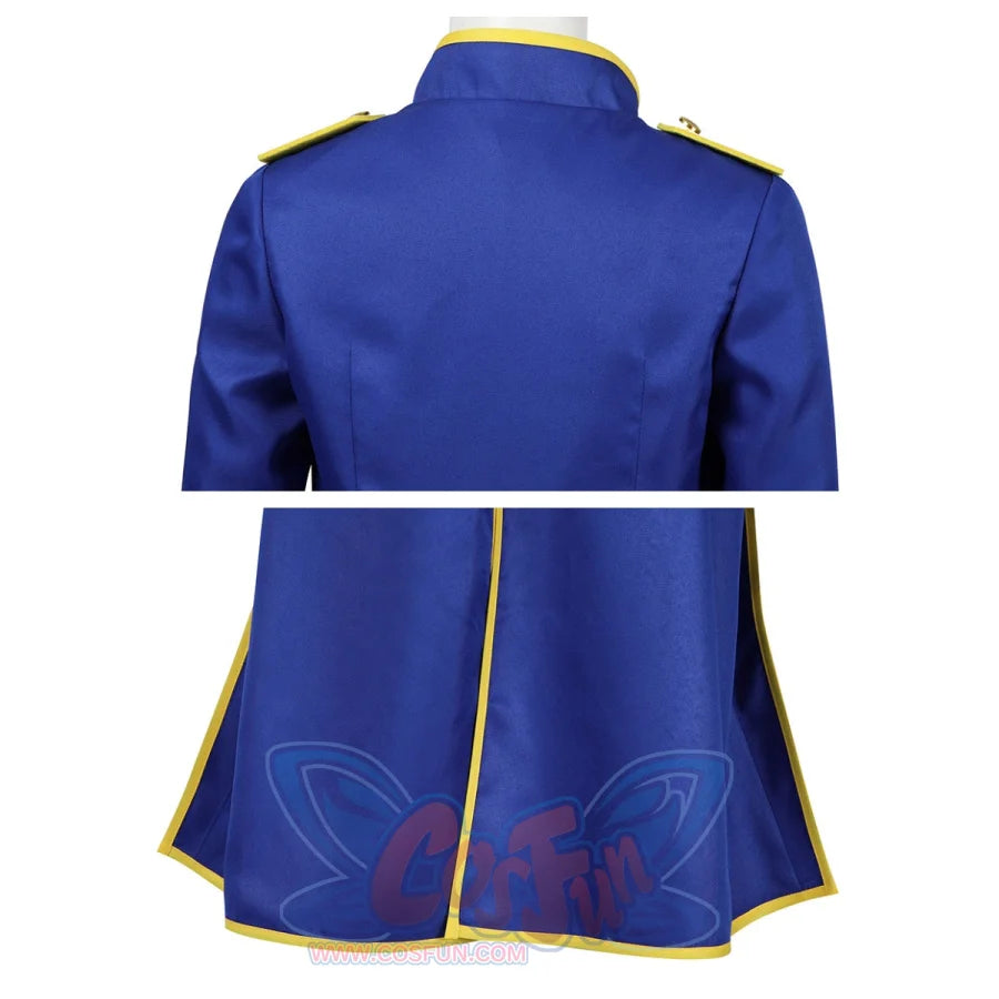 Back views of the blue coat from the Swordfighter Peach cosplay costume, showcasing gold trim and the coat’s design.