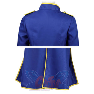 Back views of the blue coat from the Swordfighter Peach cosplay costume, showcasing gold trim and the coat’s design.