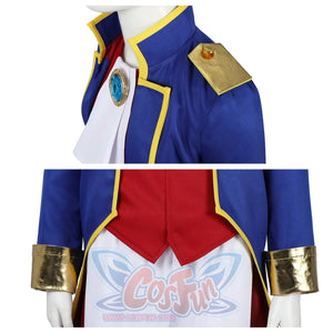Close - up of the blue coat and red vest from the Swordfighter Peach cosplay costume, highlighting gold trim, a decorative gem, and layered design.