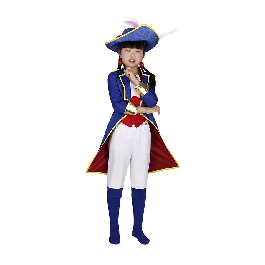 A child in the Swordfighter Peach cosplay costume, striking an action pose to highlight the outfit’s details, including the blue coat, red vest, and white pants.