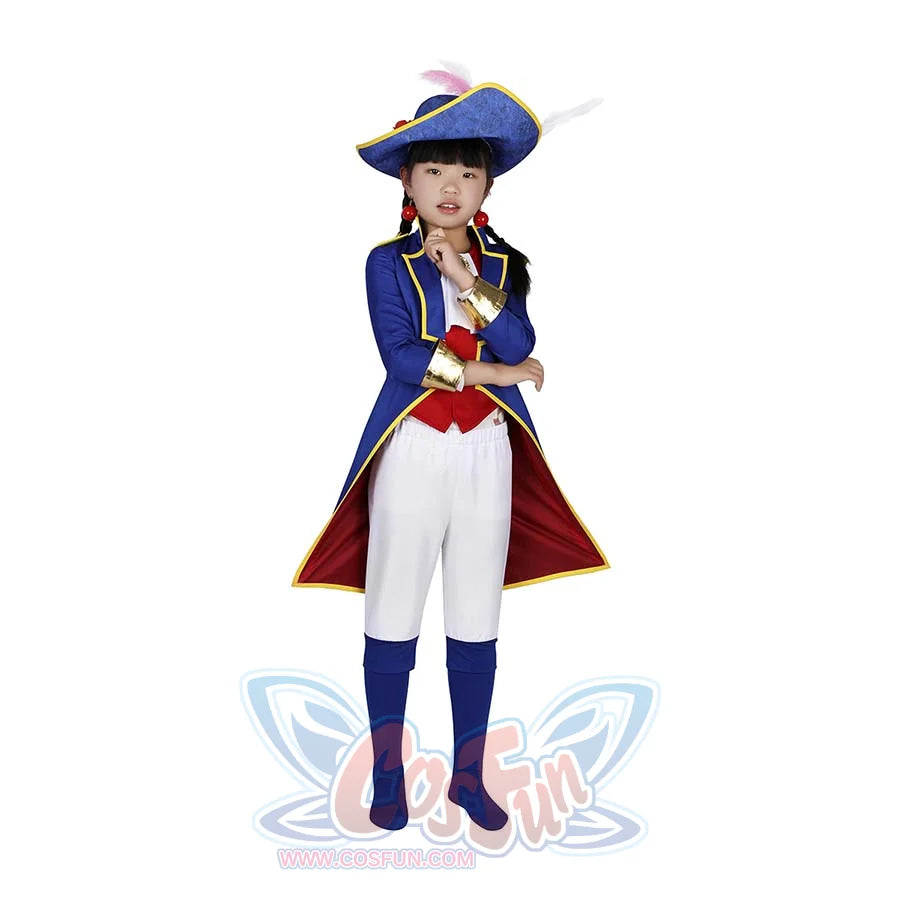A child dressed in the complete Swordfighter Peach cosplay costume, standing frontally to display the blue coat, red accents, white pants, and feathered hat.