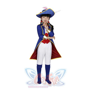 A child dressed in the complete Swordfighter Peach cosplay costume, standing frontally to display the blue coat, red accents, white pants, and feathered hat.