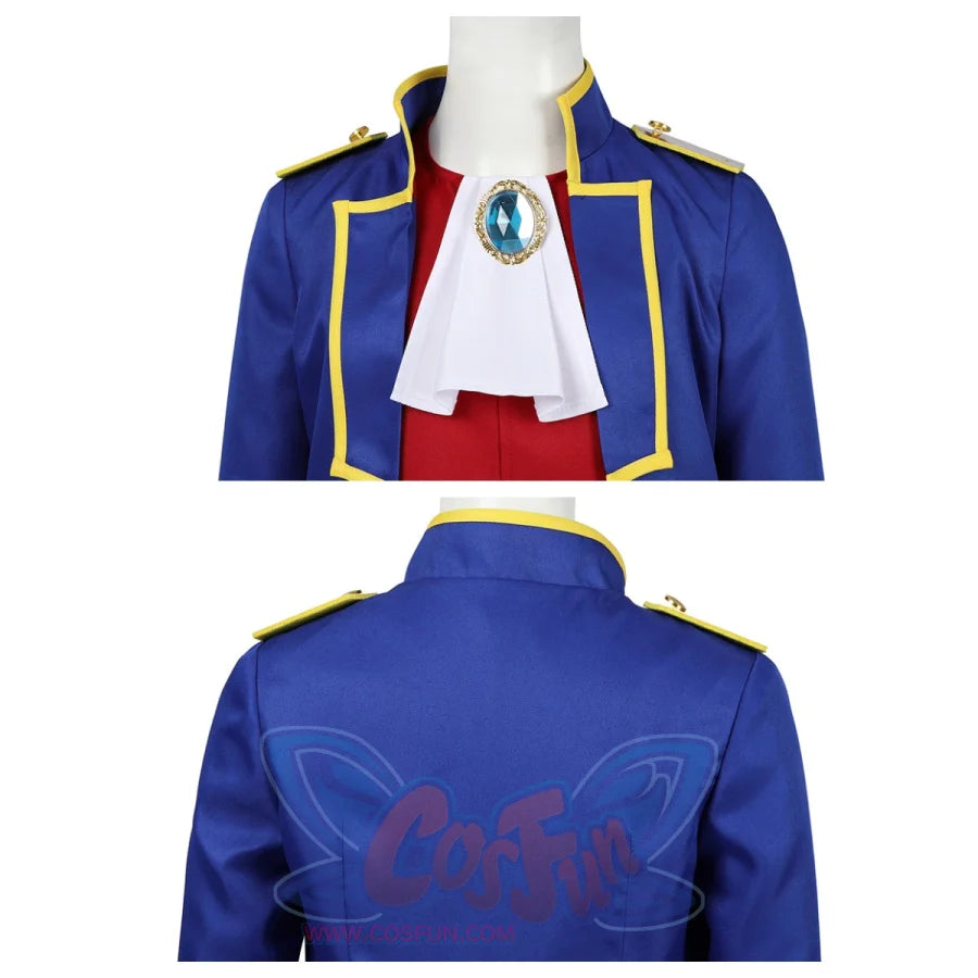 Close - up of the blue coat from the Swordfighter Peach cosplay costume, showcasing gold trim, white accents, and a decorative gem.