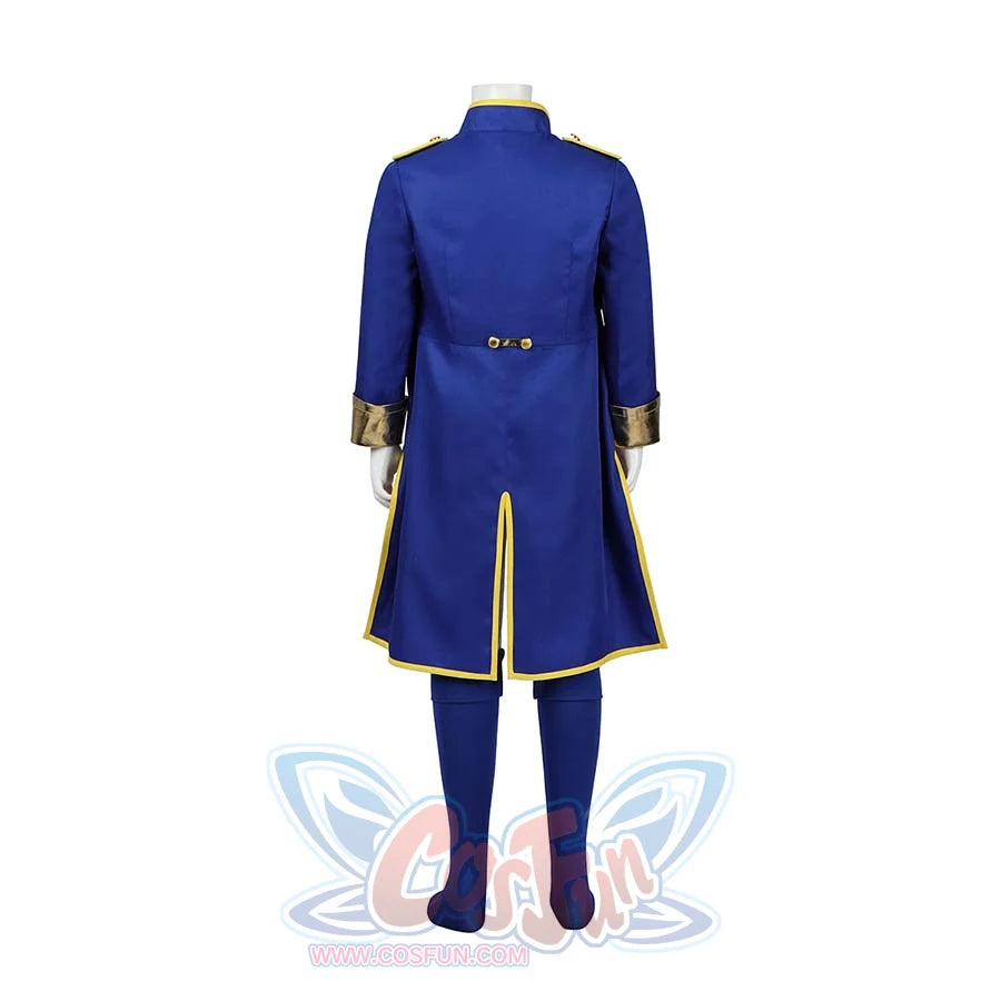 Back view of the Swordfighter Peach cosplay costume on a mannequin, highlighting the blue coat’s design and gold accents.