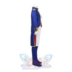 Side view of the Swordfighter Peach cosplay costume on a mannequin, showcasing the blue coat’s length and gold - trimmed details.