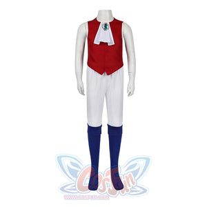 Displays the red vest, white pants, and blue leg coverings from the Swordfighter Peach cosplay costume on a mannequin.