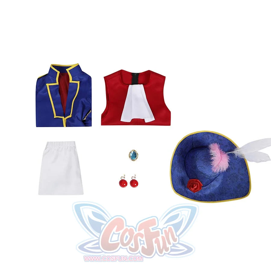 Complete Swordfighter Peach cosplay costume set, including blue coat, red vest, white skirt, decorative gem, red earrings, and blue hat with feathers and rose.