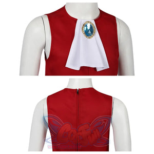 Front and back views of the red vest from the Swordfighter Peach cosplay costume, featuring a white accent and a decorative gem.