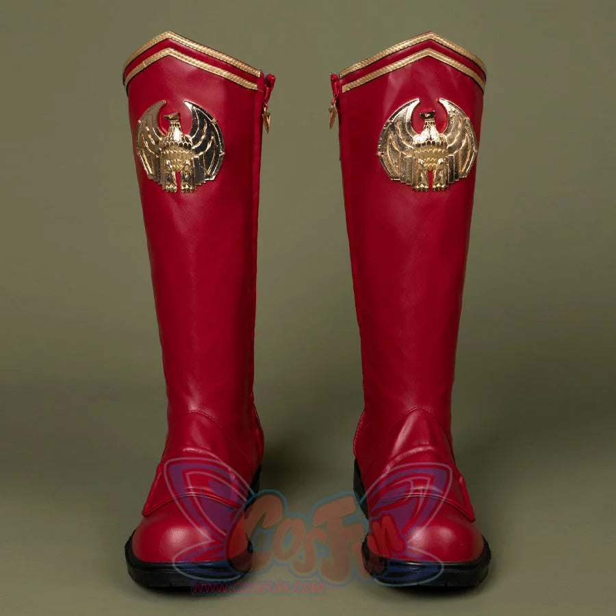 COSFUN The Boys Season 4 Homelander cosplay boots in red faux leather anchoring pointed gold eagle trim.