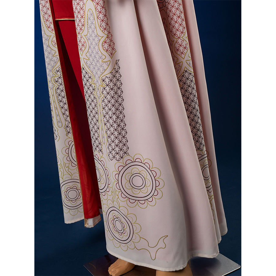 Princess Leia cosplay costume flowing cloak with circular embroidered motifs beside red dress hem
