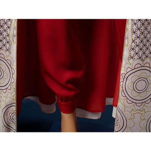 Princess Leia cosplay costume red pants detail with embroidered white cloak border and golden trim