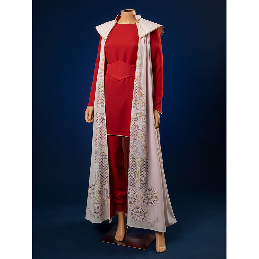 Front view of Princess Leia cosplay costume showing red gown with white embroidered cloak draping