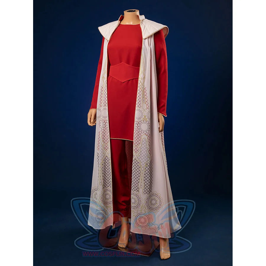 Princess Leia cosplay costume with elegant red gown and flowing white decorative cloak on display