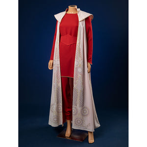 Front view of Princess Leia cosplay costume showing red gown with white embroidered cloak draping