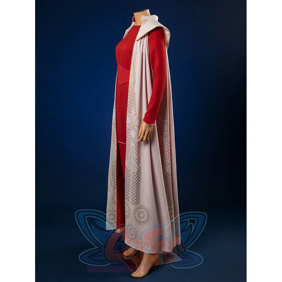Side view of Princess Leia cosplay costume displaying the elegant cloak with circular embroidery