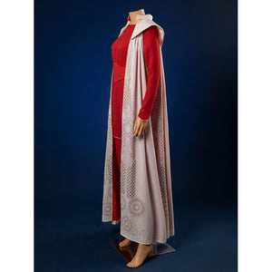 Side view of Princess Leia cosplay costume displaying the elegant cloak with circular embroidery