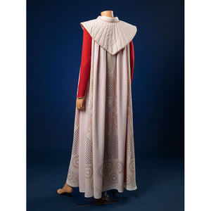 Back view of Princess Leia cosplay costume showcasing ornate white cloak with detailed embroidery