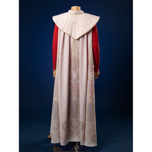 Princess Leia cosplay costume rear view featuring flowing cloak with intricate circular patterns