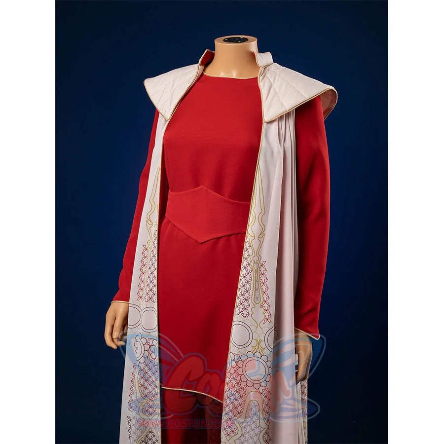 Close-up of Princess Leia cosplay costume red bodice with elegant white collar and decorative cloak