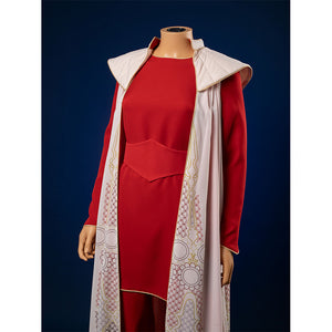 Close-up of Princess Leia cosplay costume red bodice with elegant white collar and decorative cloak