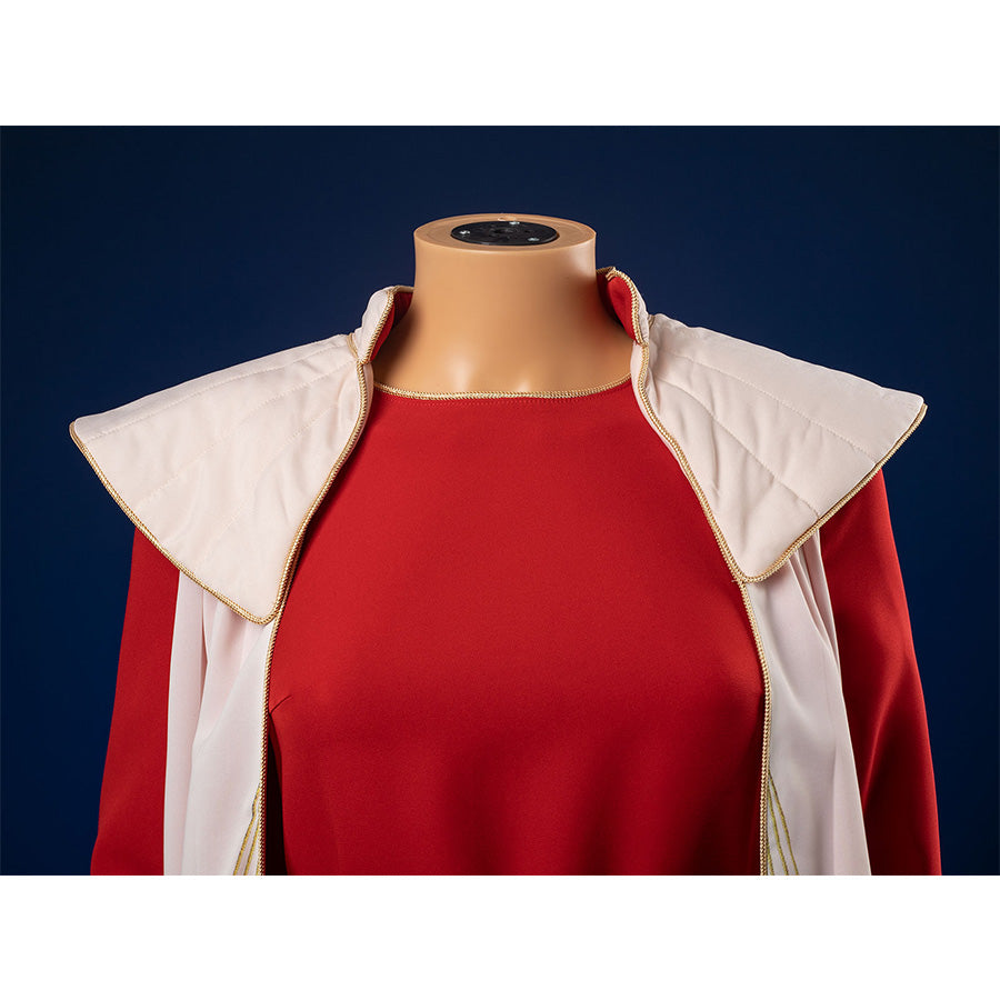 Detail shot of Princess Leia cosplay costume showing white collar with gold trim on red bodice