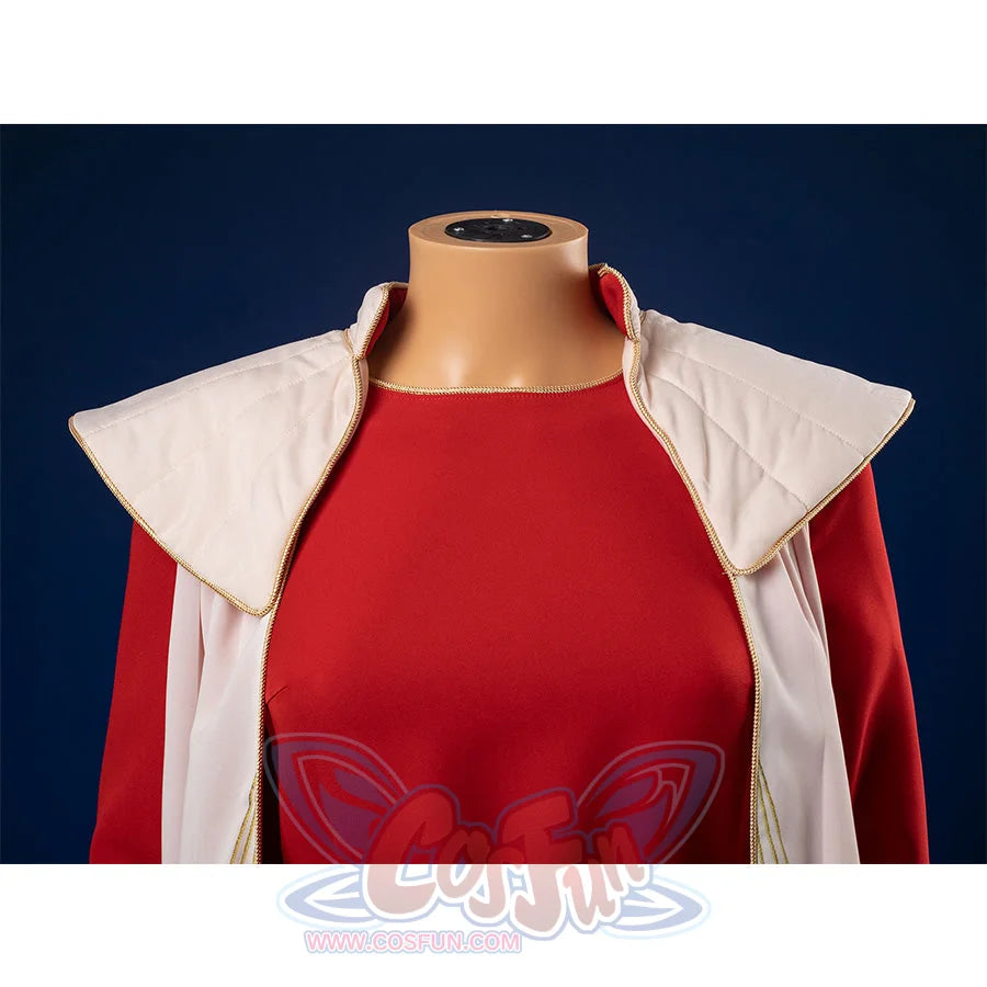 Detail shot of Princess Leia cosplay costume showing white collar with gold trim on red bodice