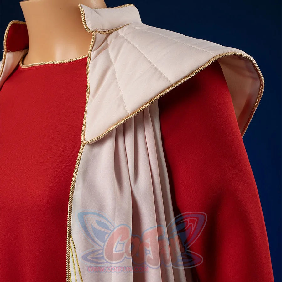 Princess Leia cosplay costume detail featuring red fabric and white cloak with golden trim accents