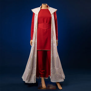 Princess Leia cosplay costume with elegant red gown and flowing white decorative cloak on display