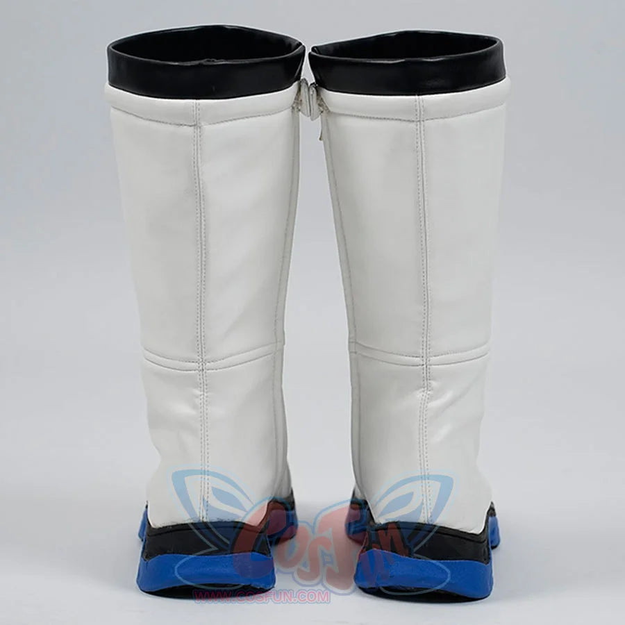 White knee-high boots with black tops and blue soles on a light gray background