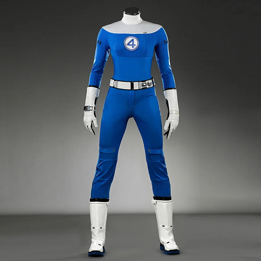 Blue superhero costume with number 4 on a gray background