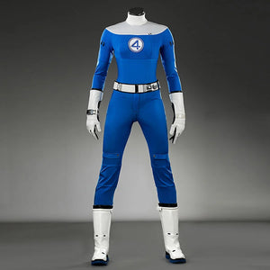 Blue superhero costume with number 4 on a gray background