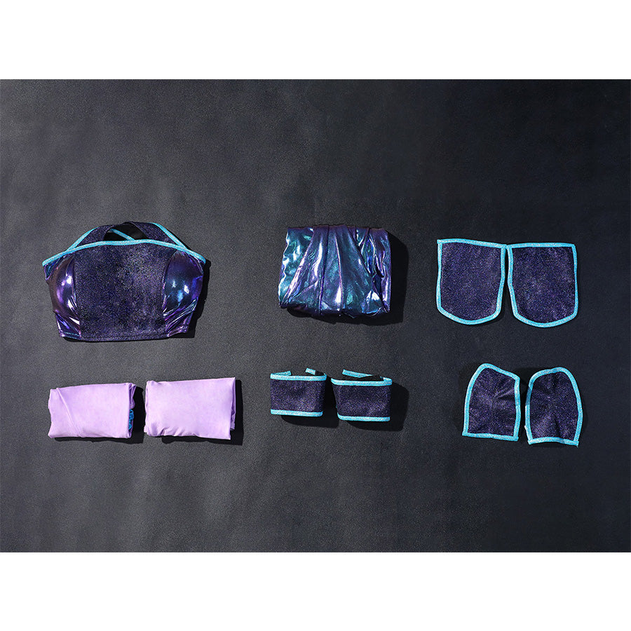 Tecna cosplay costume set including sequin bustier, pants, leg guards, shoe covers, and arm accessories