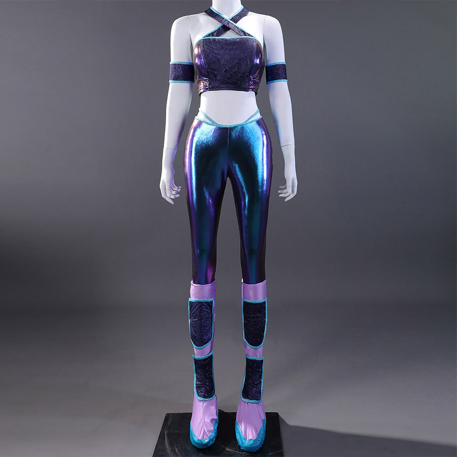 Tecna cosplay costume with sequin bustier and pants, front view