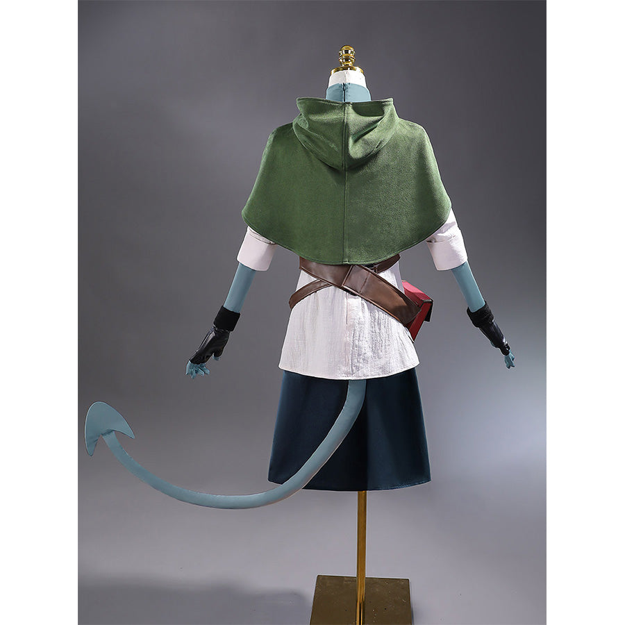 Back view of Jester Lavorre cosplay costume featuring green hooded cape