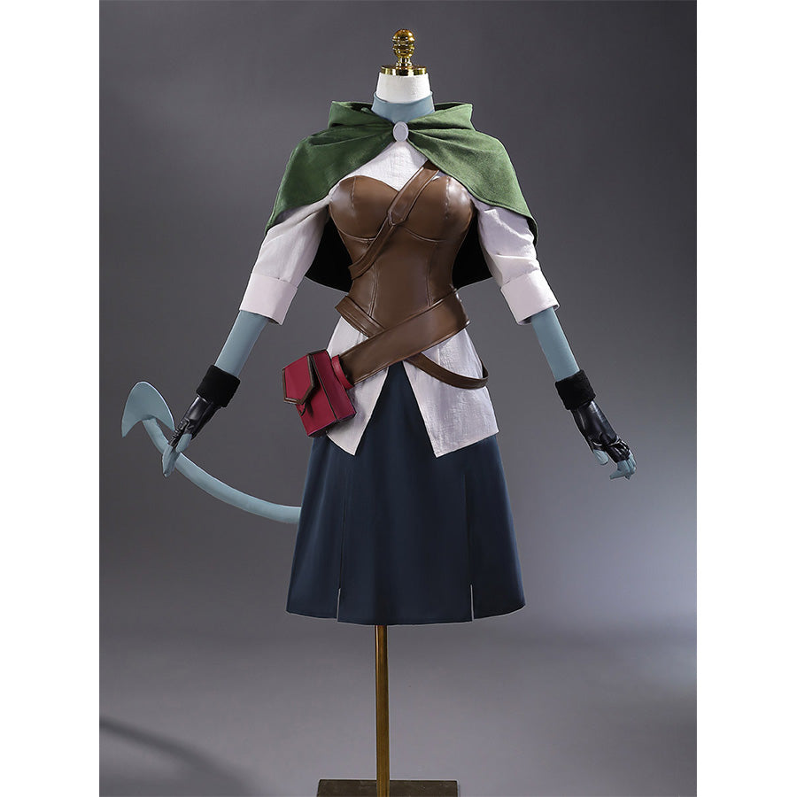 Complete Jester Lavorre cosplay costume displayed on mannequin with blue axe accessory
