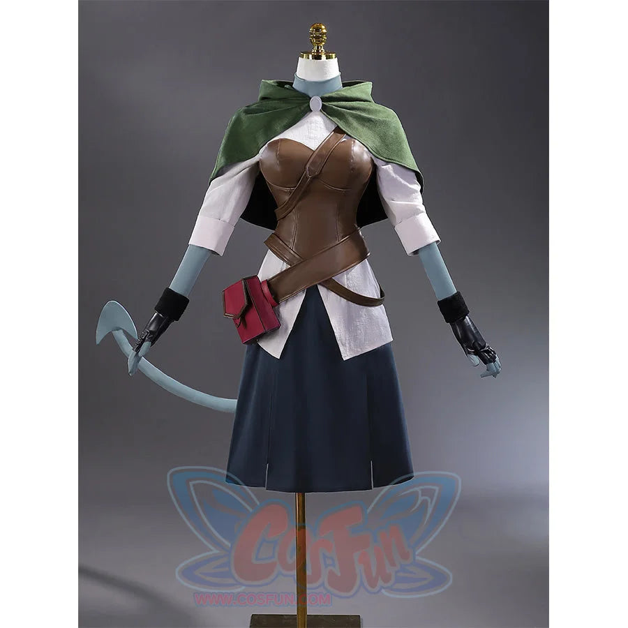 Complete Jester Lavorre cosplay costume displayed on mannequin with blue axe accessory