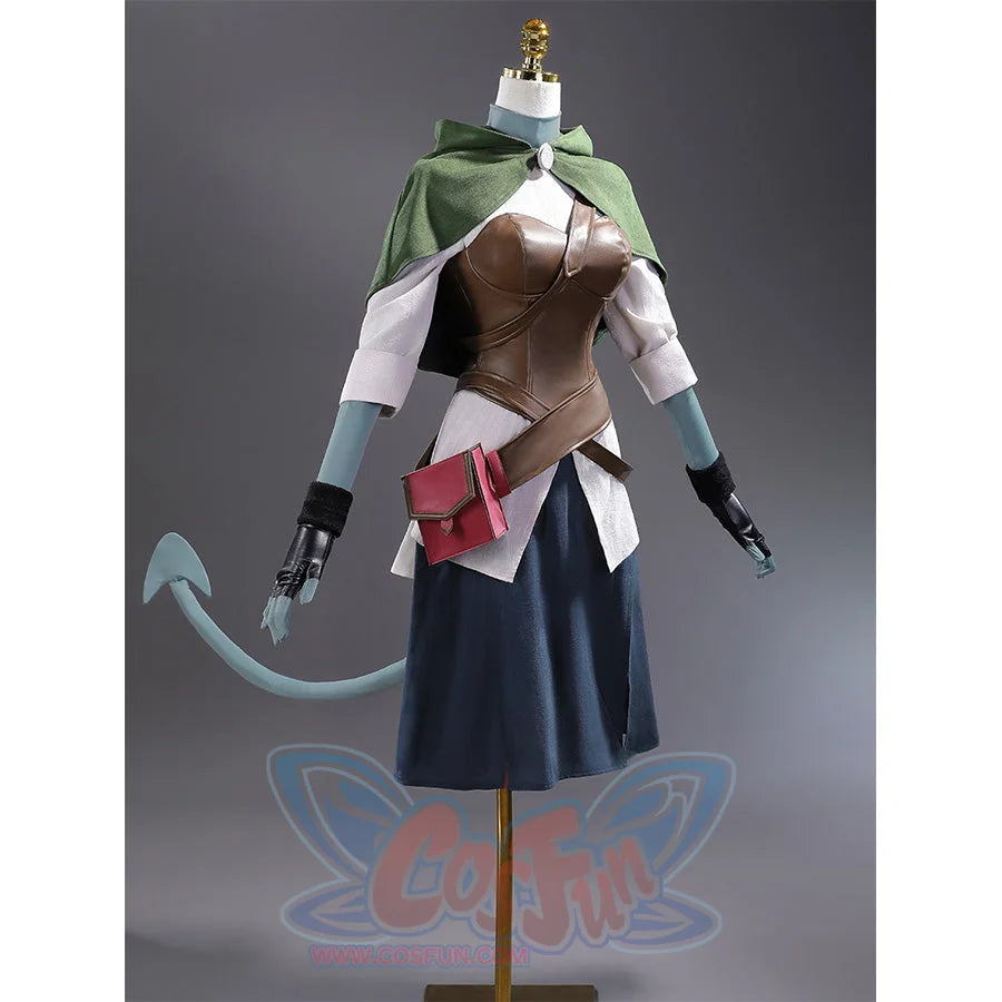 Side view of Jester Lavorre cosplay costume showing pink waist bag and layered outfit