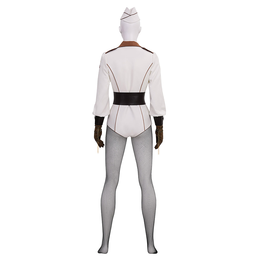 The Boys Vought Rising Private Angel Cosplay Costume, overall white with brown and black accents, back view.