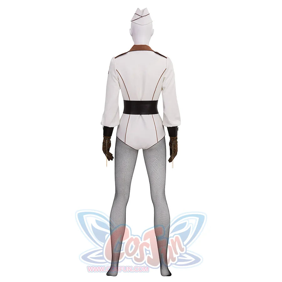 The Boys Vought Rising Private Angel Cosplay Costume, white jumpsuit with black and black decoration, front view.