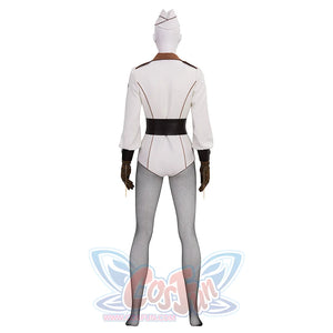 The Boys Vought Rising Private Angel Cosplay Costume, overall white with brown and black accents, back view.