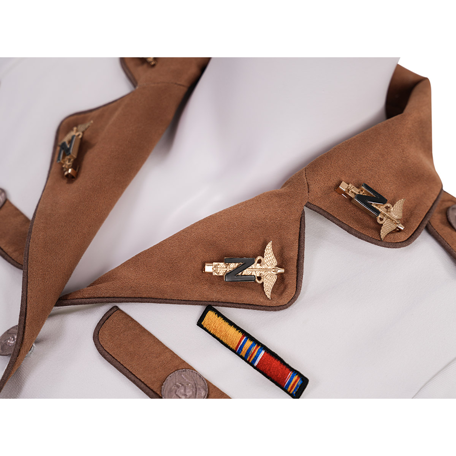 The Boys Vought Rising Private Angel Cosplay Costume, the collar is brown, decorated with brooches, left side.