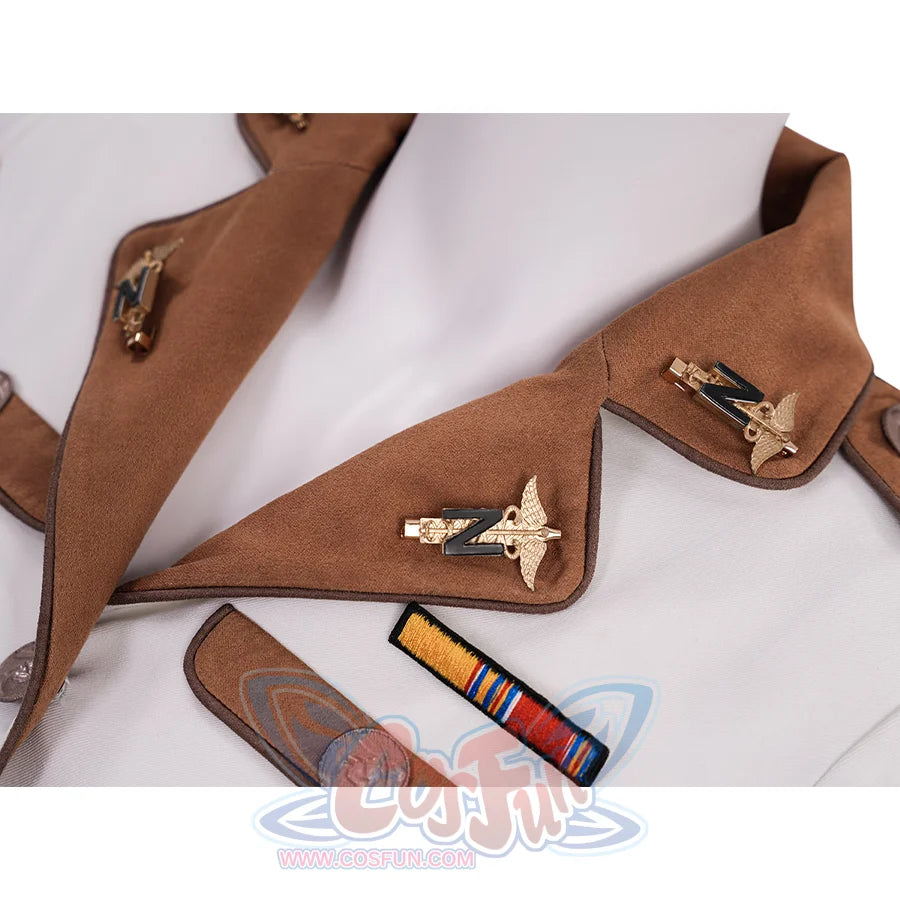 The Boys Vought Rising Private Angel Cosplay Costume, the collar is brown, decorated with brooches, left side.