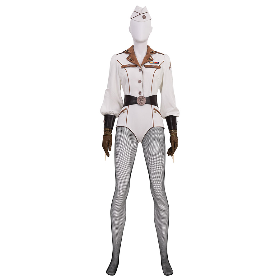 The Boys Vought Rising Private Angel Cosplay Costume, white jumpsuit with black and black decoration, front view.